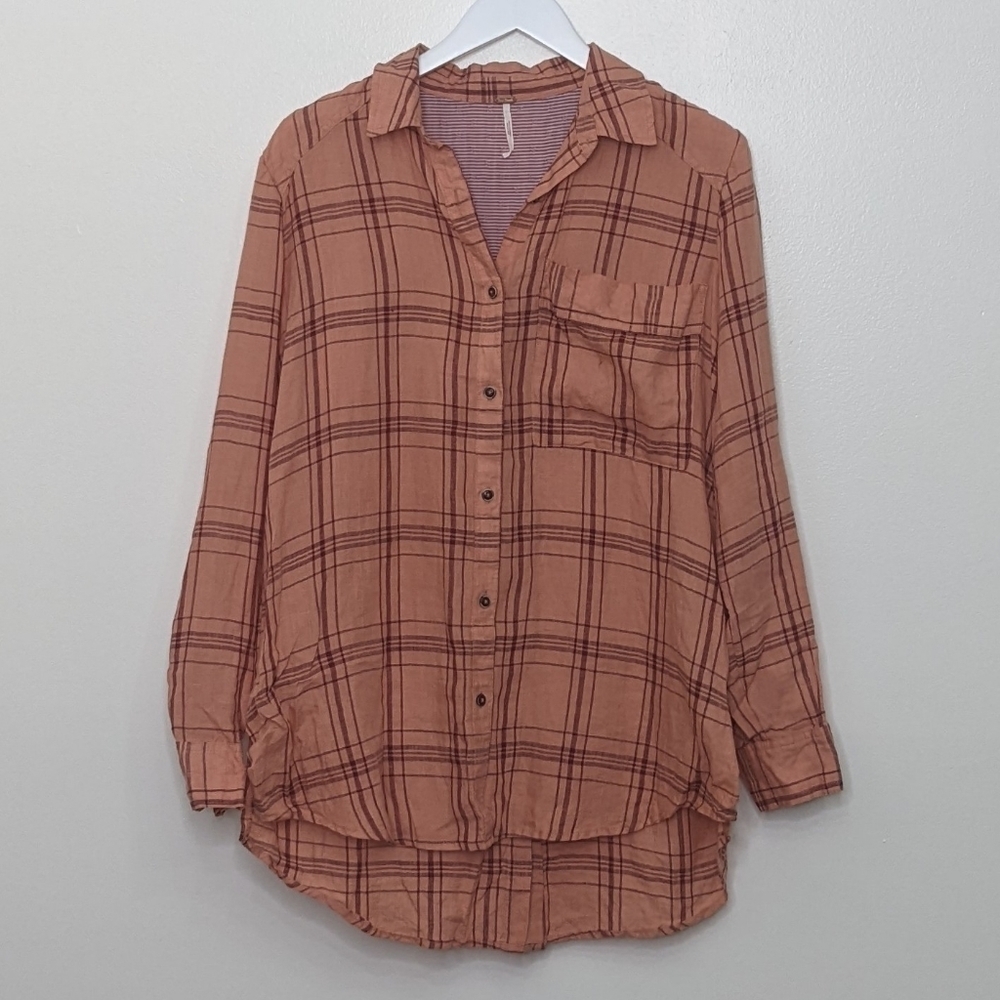 Free People Small Pink Plaid Linen Button Down